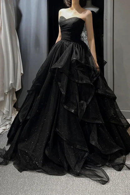Charming A Line Sweetheart Neck Ruffle Sequin Black Tulle Long Party Dress Evening Dress SH2800