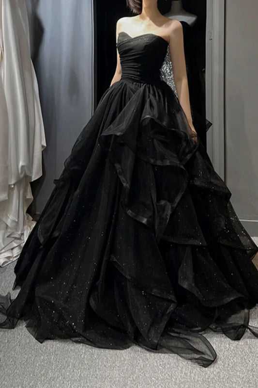 Charming A Line Sweetheart Neck Ruffle Sequin Black Tulle Long Party Dress Evening Dress SH2800