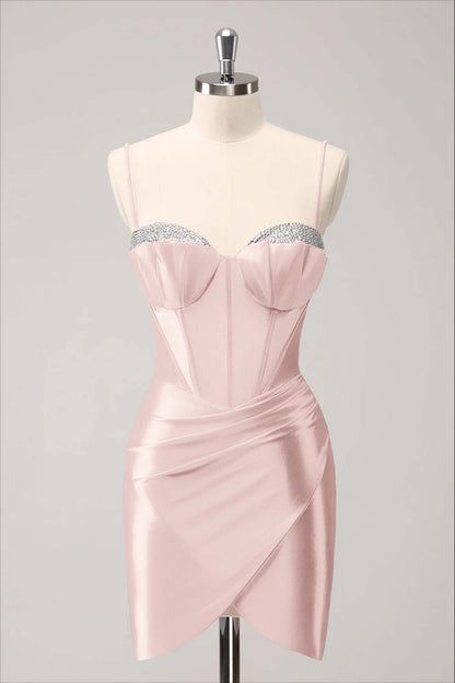 Hellodresses Pink Spaghetti Strap Sleeveless Pleated Short Homecoming Dress With Sequins