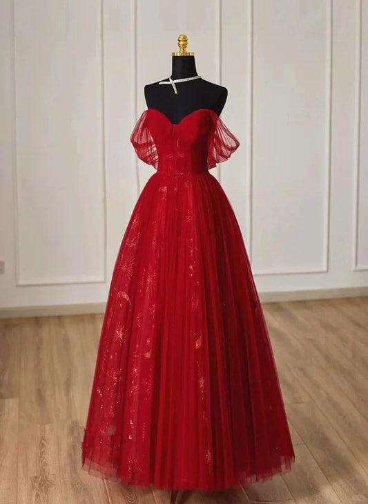 Wine Red Tulle Sweetheart Off Shoulder Prom Dress