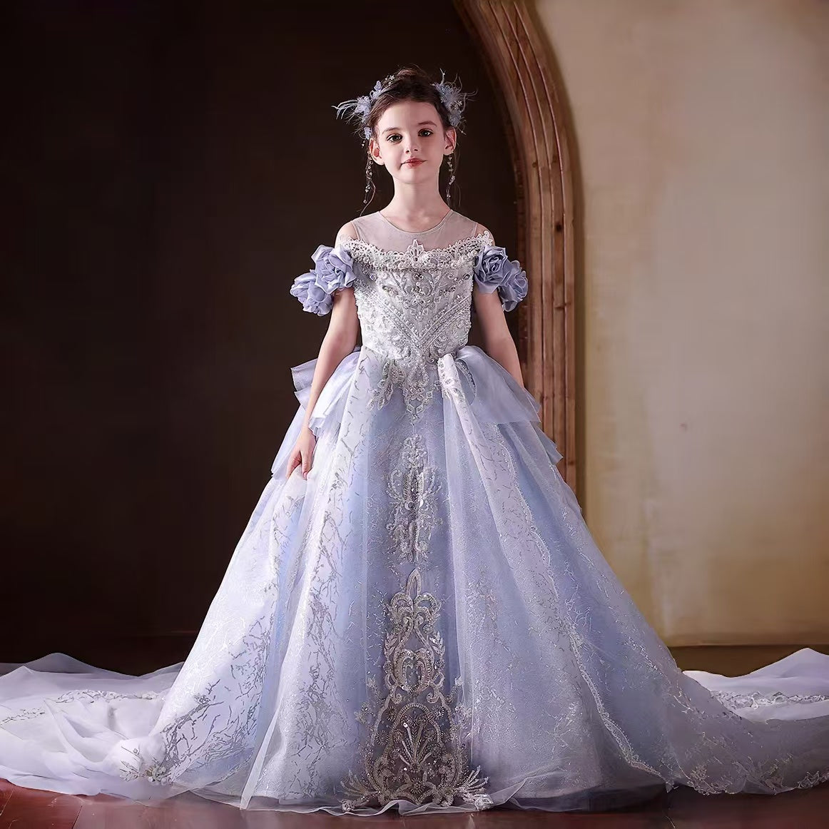 Dreamy Blue Princess Gown with Sparkling Beads for Birthday Girls J200