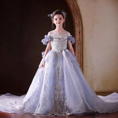 Dreamy Blue Princess Gown with Sparkling Beads for Birthday Girls J200