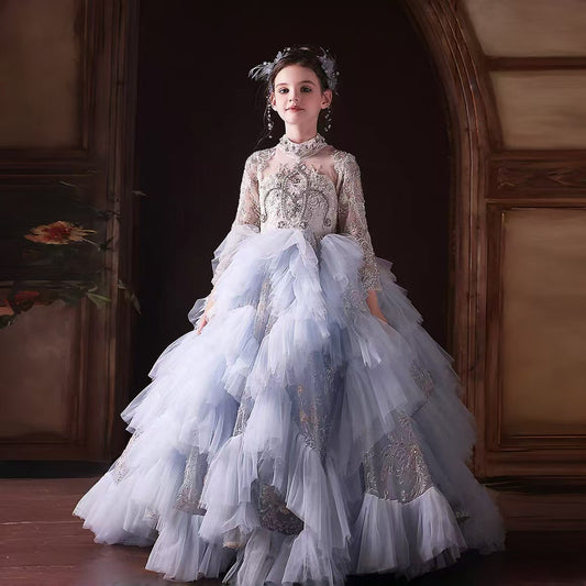 Luxury Blue Dubai Girl Dress Beaded Pearls Arabic Princess Kids J381