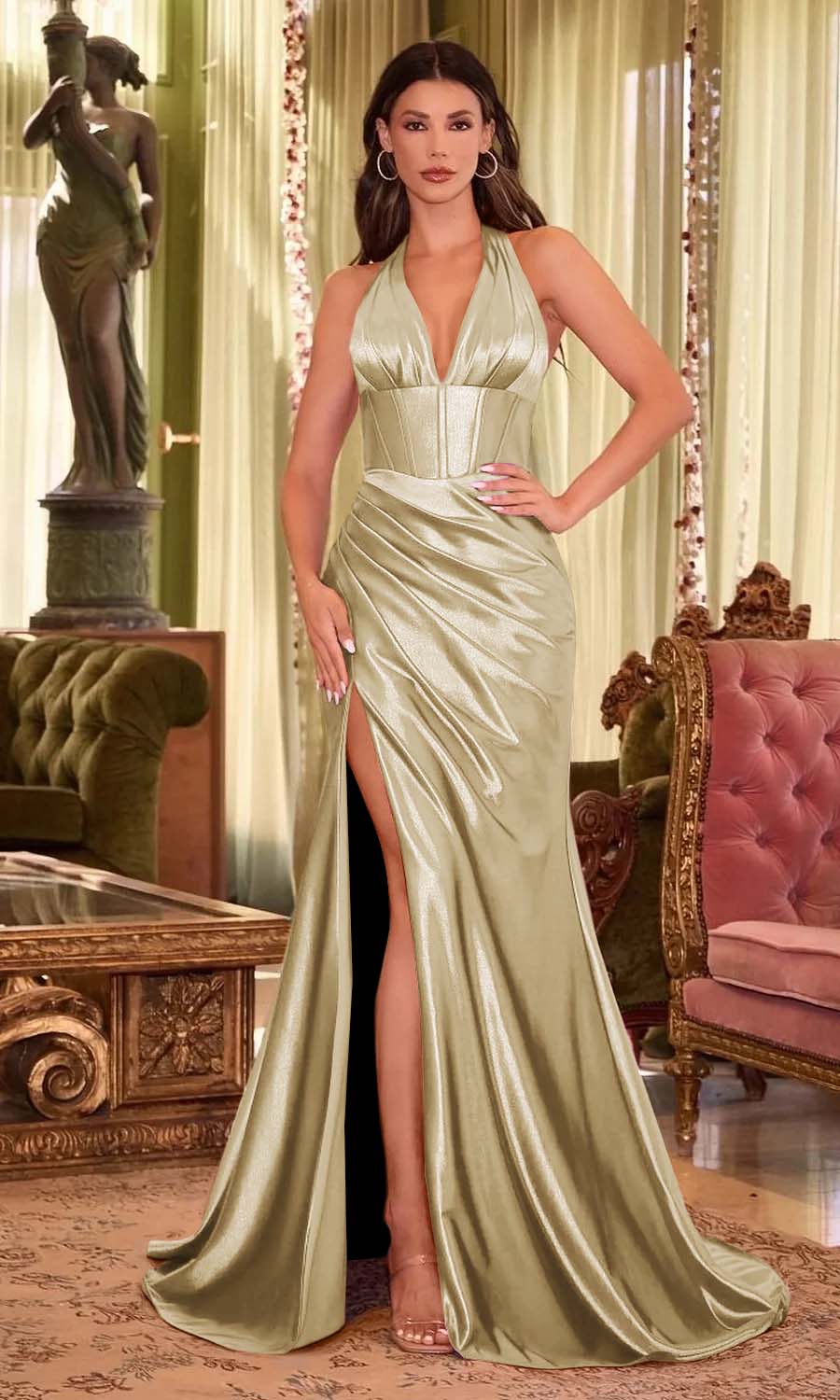 Halter Neck Sleeveless Long Mermaid Split Prom Dress With Pleated LY0640