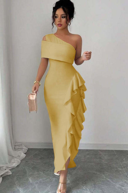 One Shoulder Sleeveless Long Split Prom Dress With Pleated Ruffles XJ0748