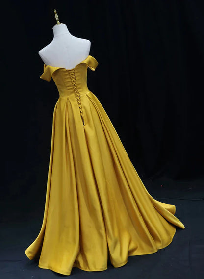 Yellow A-line Simple Satin Off Shoulder Prom Dress