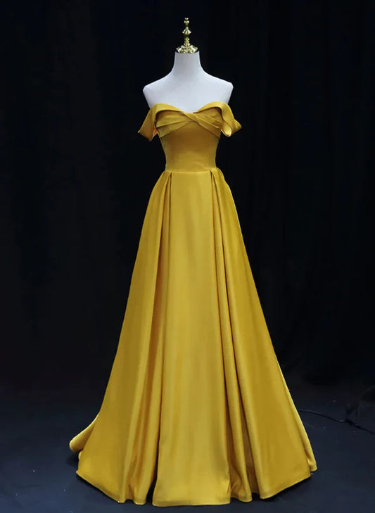 Yellow A-line Simple Satin Off Shoulder Prom Dress