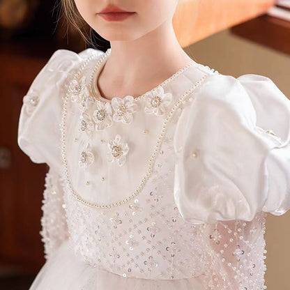 Elegant Beaded Appliqué White Tulle Flower Girl Dress D312