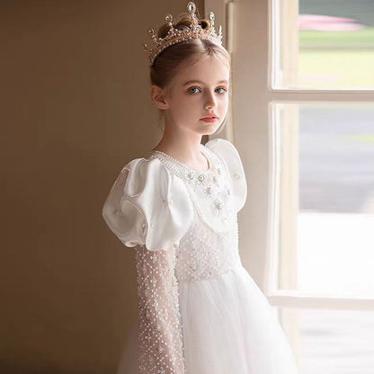 Elegant Beaded Appliqué White Tulle Flower Girl Dress D312