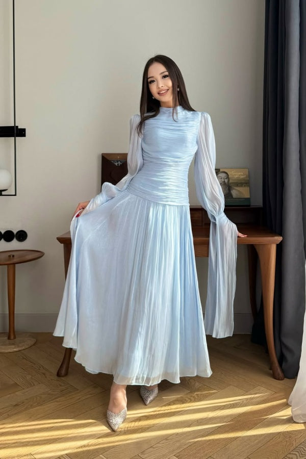 Playful Blue High-Neck Prom Dress Long Sleeves Pleated Floor Length CY0252
