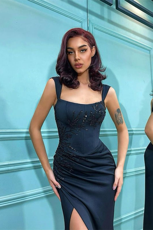Black Satin Spaghetti Strap Sleeveless Mermaid Split Prom Dress Long With Beadings PD0531