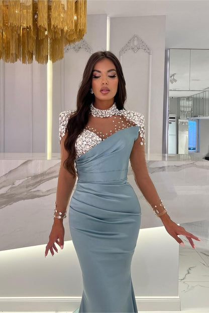 Charmeuse Dusty Blue Prom Dress Long Mermaid Tulle With Beads YL0259