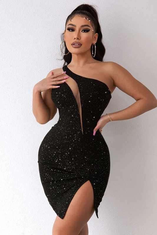 Hellodresses Black One Shoulder Sleeveless Short Homecoming Dress Sequins With Split
