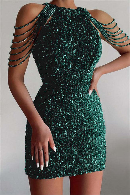 Chic Champagne Sequins Jewel Neck Sleeveless Short Homecoming Dress With Beadings HC0027
