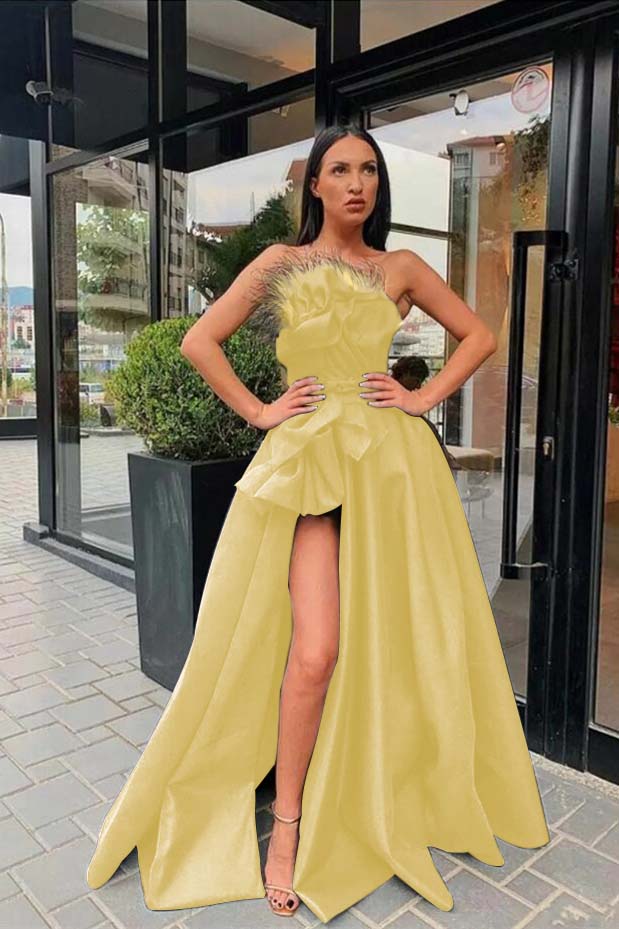 Black Long Split Prom Dress With Feather | Zelldresses