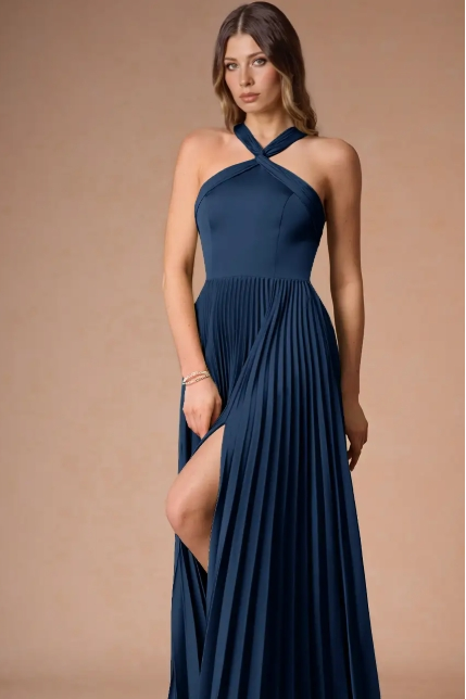 Halter Backless Sleeveless Long Split Prom Dress With Pleated XJ0760