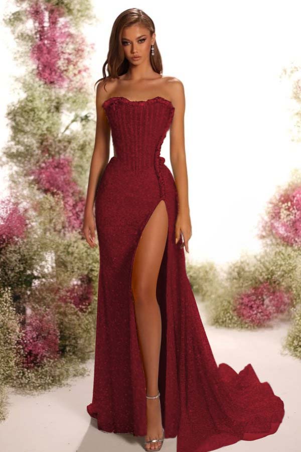 Strapless Sleeveless Long Split Prom Dress With Pleated Sequins ZT0541