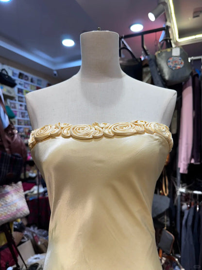 Elegant Yellow Mermaid Strapless Three-Dimensional Floral Satin Long Prom Dress Evening Dress Bridesmaid Dress P4152