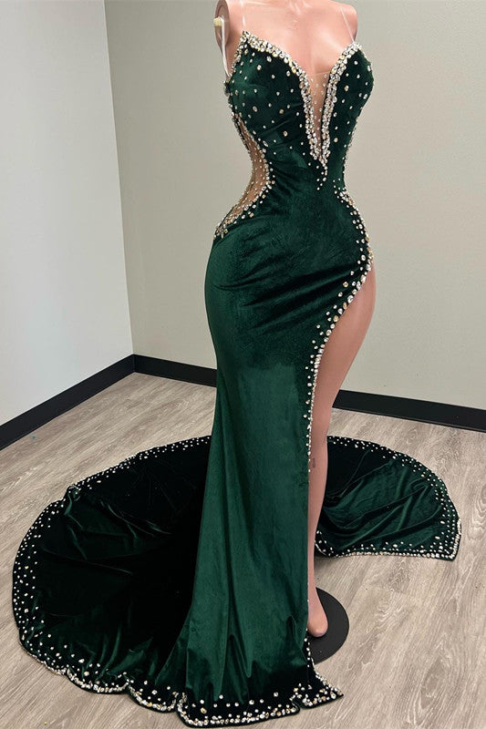 Unique Sweetheart Mermaid Dark Green Prom Dress Slit With Beadings | Zelldresses