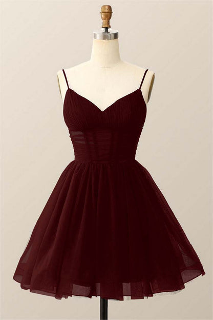 Dark Navy Tulle Spaghetti Strap Sleeveless Pleated A-Line Homecoming Dress HC0019