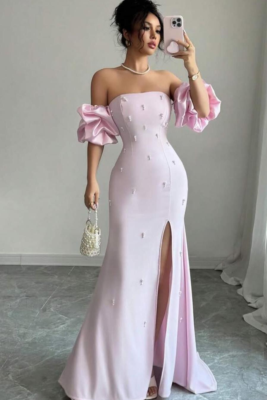 Chic Pink Strapless Bubble Sleeves Beaded Split Prom Dress with Pearl | Zelldresses