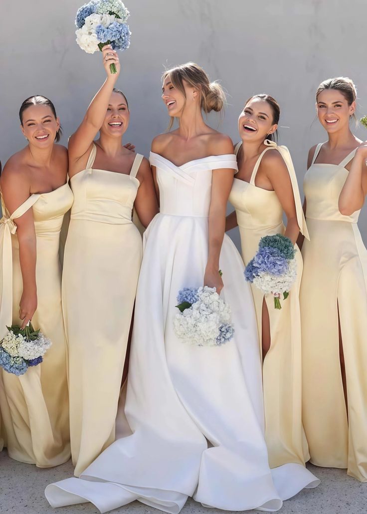 Cute A Line Spaghetti Strap Yellow Satin Evening Dress Bridesmaid Dress with Slit SH2701