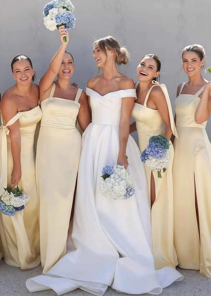 Cute A Line Spaghetti Strap Yellow Satin Evening Dress Bridesmaid Dress with Slit SH2701