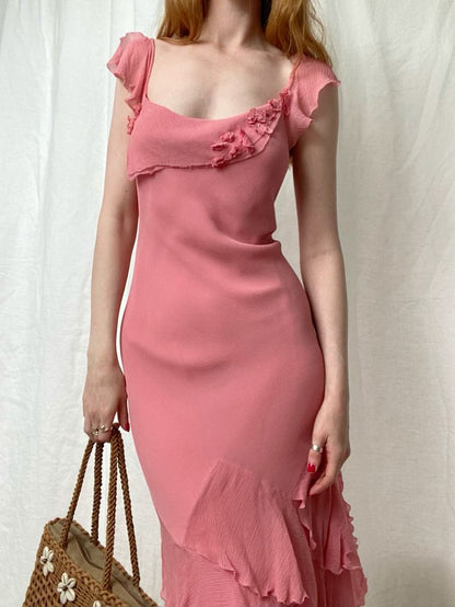 Vintage Sheath Straps Pink Chiffon Homecoming Dress Wedding Guest Dress SH4428