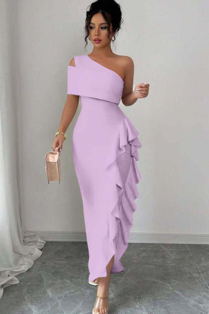 One Shoulder Sleeveless Long Split Prom Dress With Pleated Ruffles XJ0748