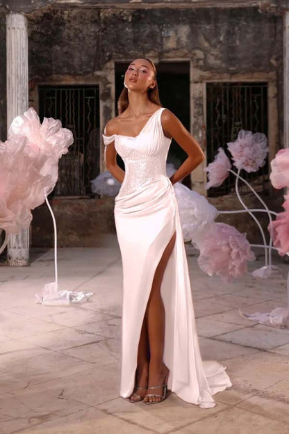 Sleeveless One Shoulder Long Split Prom Dress With Pleated Sequin JQ0247