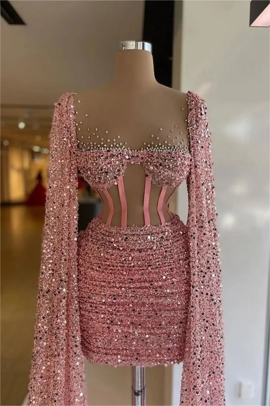 Stunning Pink Sequins Long Sleeves Slim Short Homecoming Dress with Beadings HC0065