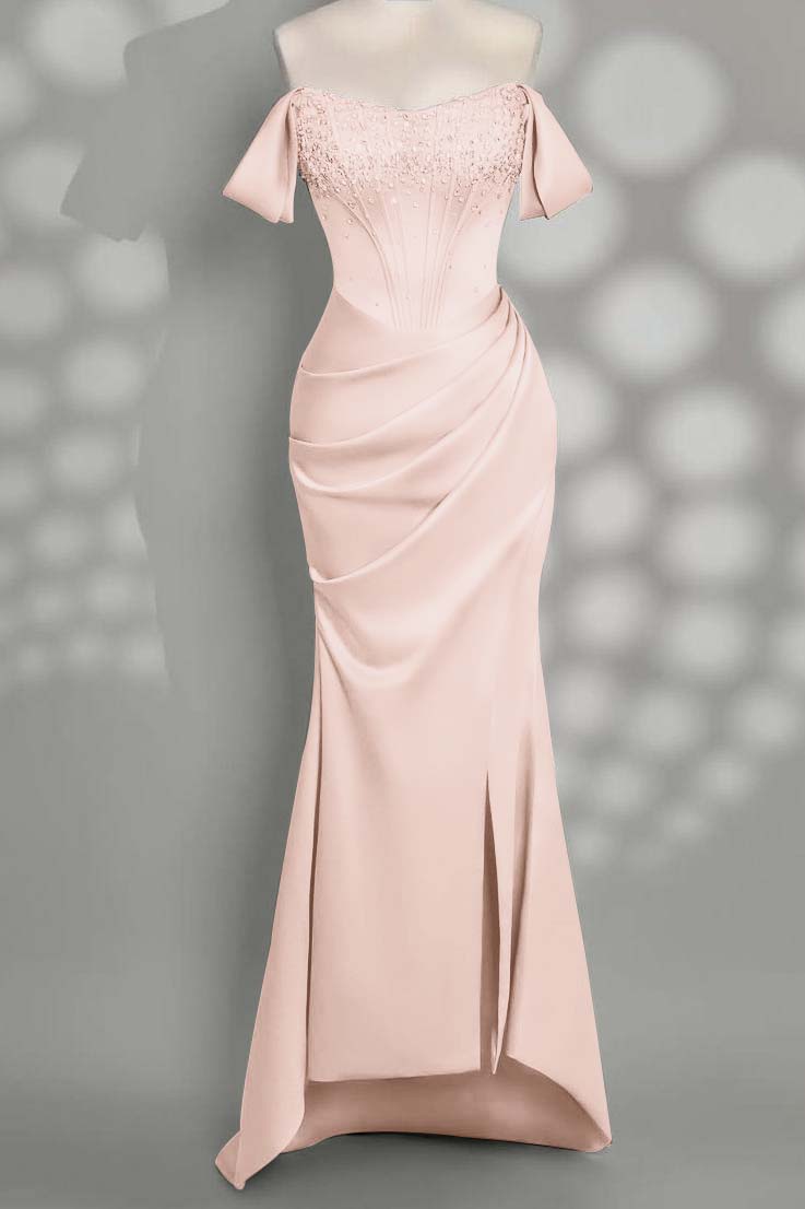 Charming Taupe Satin Off the Shoulder Strapless Long Split Prom Dress with Beadings | Zelldresses