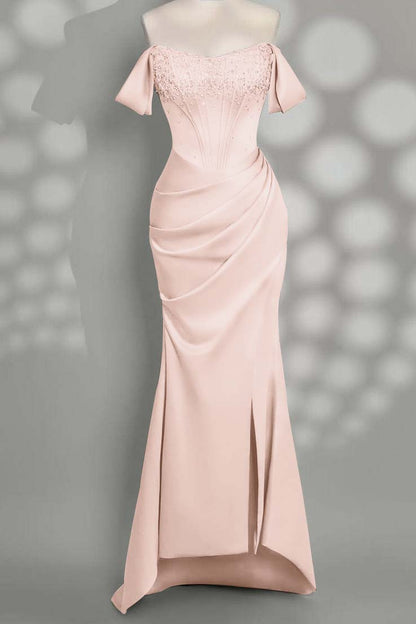 Charming Taupe Satin Off the Shoulder Strapless Long Split Prom Dress with Beadings | Zelldresses