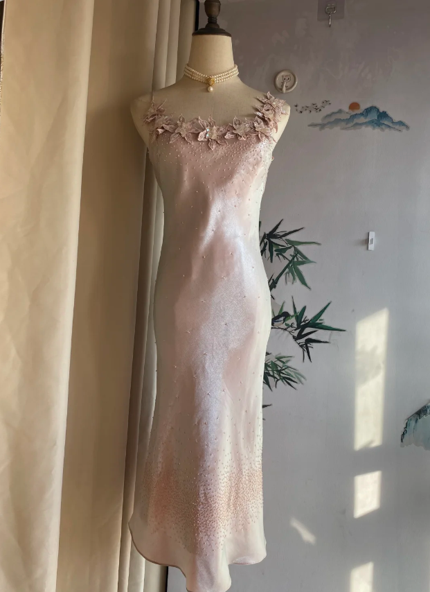 Sweet Pink Mermaid Halter 3D Floral Satin Prom Dress Evening Dress Bridesmaid Dress P4174