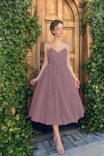 Hellodresses Chic Blue Tulle Spaghetti Strap Sleeveless V Neck A Line Homecoming Dress