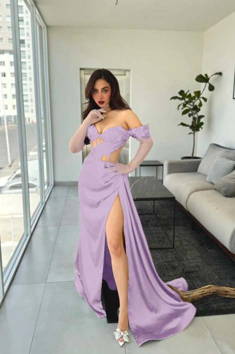 Beautiful Green Satin Off the Shoulder Strapless Long Split Prom Dress with Applique | Zelldresses