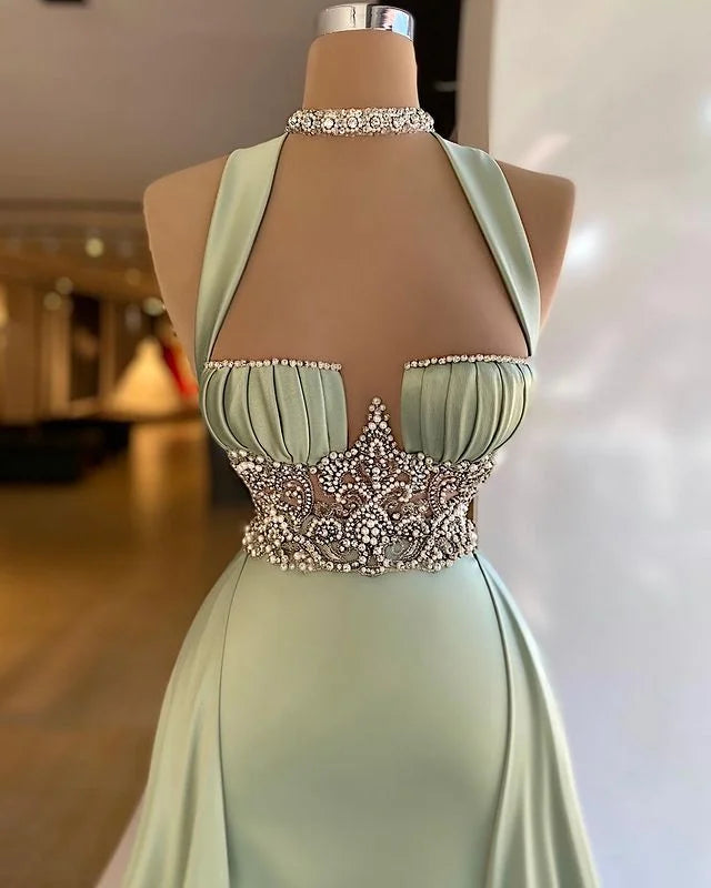 Elegant Halter Green Prom Dress Long Shawl Mermaid Dress HT0051