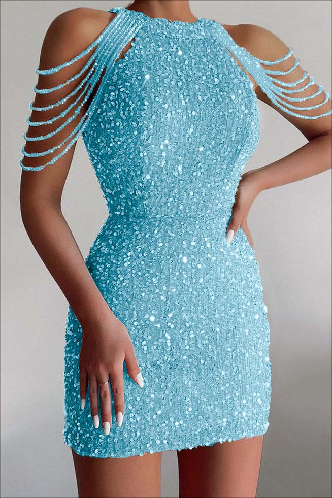 Chic Champagne Sequins Jewel Neck Sleeveless Short Homecoming Dress With Beadings HC0027