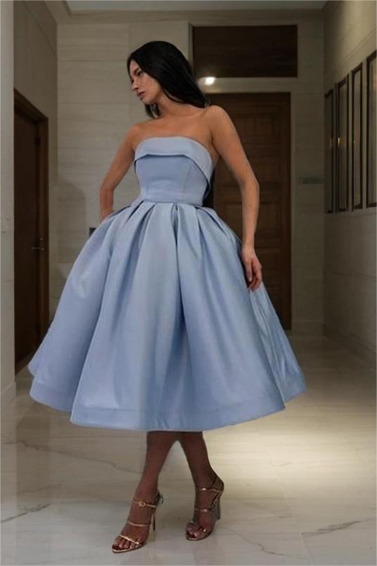 Stylish Sky Blue Strapless Sleeveless A Line Short Homecoming Dress With Pleated HC0042