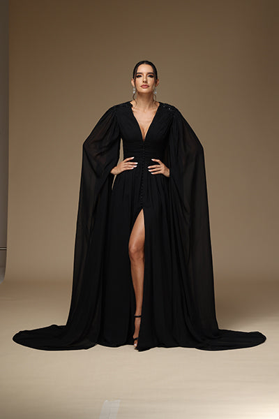 Long Sleeve Black Prom Dress Deep V-Neck BallGown With High Split YX0011