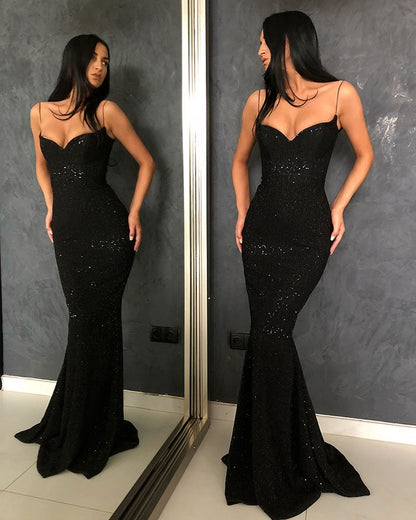 Chic Spaghetti-Straps Mermaid Black Prom Dress With Sequins | Zelldresses