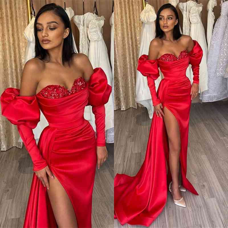 Charming Red Mermaid Off The Shoulder Slit Prom Dress With Sweetheart Long Sleeves | Zelldresses