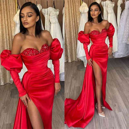 Charming Red Mermaid Off The Shoulder Slit Prom Dress With Sweetheart Long Sleeves | Zelldresses