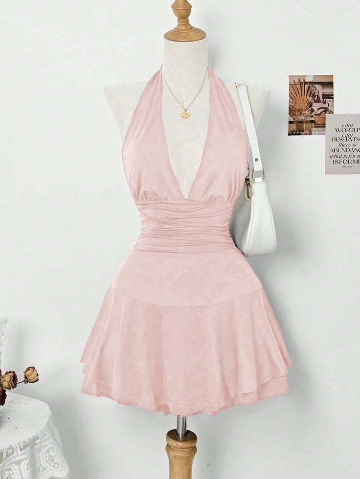 Halter Deep V Neck Sleeveless Short Homecoming Dress With Pleated HC0167