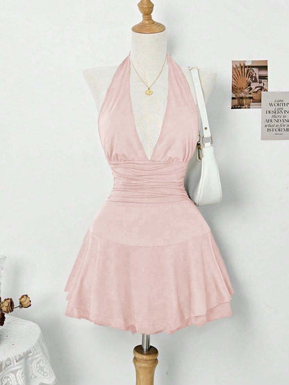 Halter Deep V Neck Sleeveless Short Homecoming Dress With Pleated HC0167