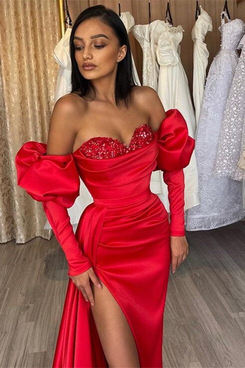 Charming Red Mermaid Off The Shoulder Slit Prom Dress With Sweetheart Long Sleeves | Zelldresses