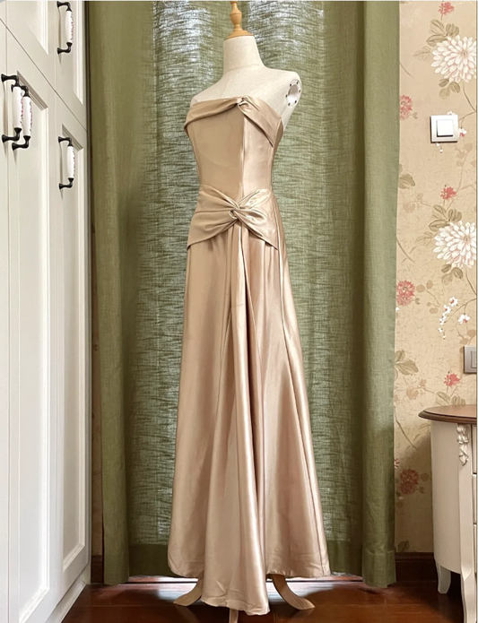Elegant Champagne A-line Strapless Twisted Satin Long Prom Dress Evening Dress Bridesmaid Dress P4192