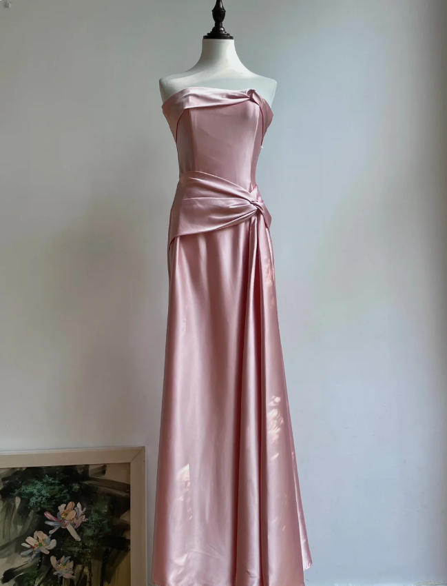 Elegant Champagne A-line Strapless Twisted Satin Long Prom Dress Evening Dress Bridesmaid Dress P4192