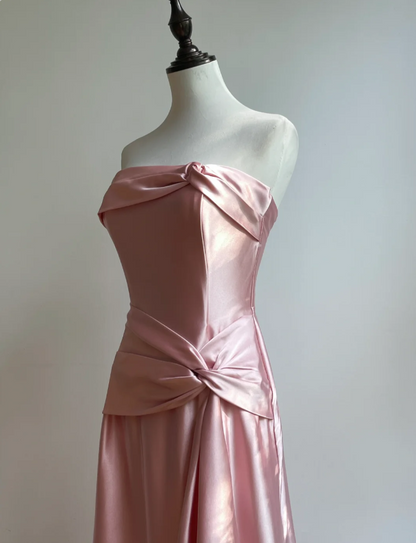 Elegant Champagne A-line Strapless Twisted Satin Long Prom Dress Evening Dress Bridesmaid Dress P4192