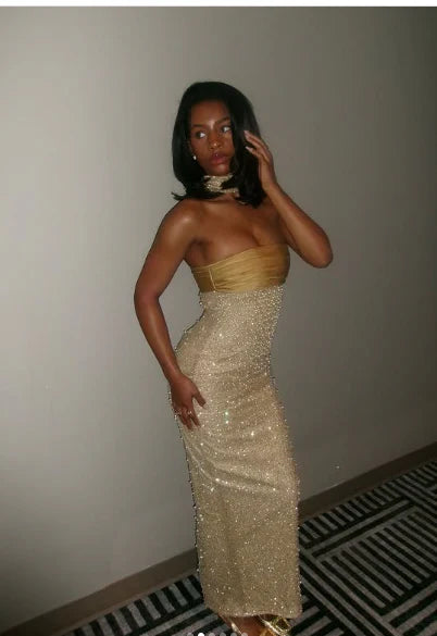 Shiny Sheath Strapless Long Yellow Sequin Satin Party Dresses Prom Dresses SH2898